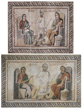 Fausse mosaïque romaine et son original. À gauche, mosaïque mise en vente à Paris, sans provenance (catalogue de vente de la maison de vente Pierre Bergé en 2008) ; à droite mosaïque découverte en fouille en Turquie, peu de temps avant la réalisation du faux (cliché Ozymandias, Flickr). Fausse mosaïque romaine et son original. À gauche, mosaïque mise en vente à Paris, sans provenance (catalogue de vente de la maison de vente Pierre Bergé en 2008) ; à droite mosaïque découverte en fouille en Turquie, peu de temps avant la réalisation du faux (cliché Ozymandias, Flickr).