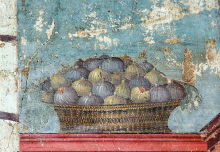 Panier de figues, fresque murale, Villa de Poppée à Oplontis (79 av. n. è.) proche de Pompeï (Italie) © Wikipédia CC BY 3.0 Amadalvarez 2009